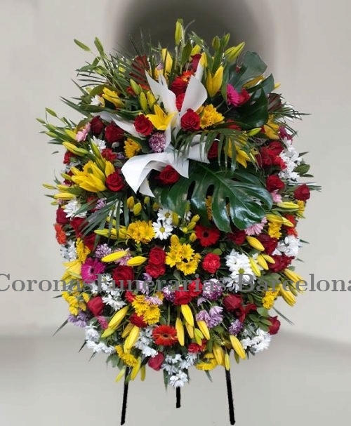Corona funeraria roja y amarilla